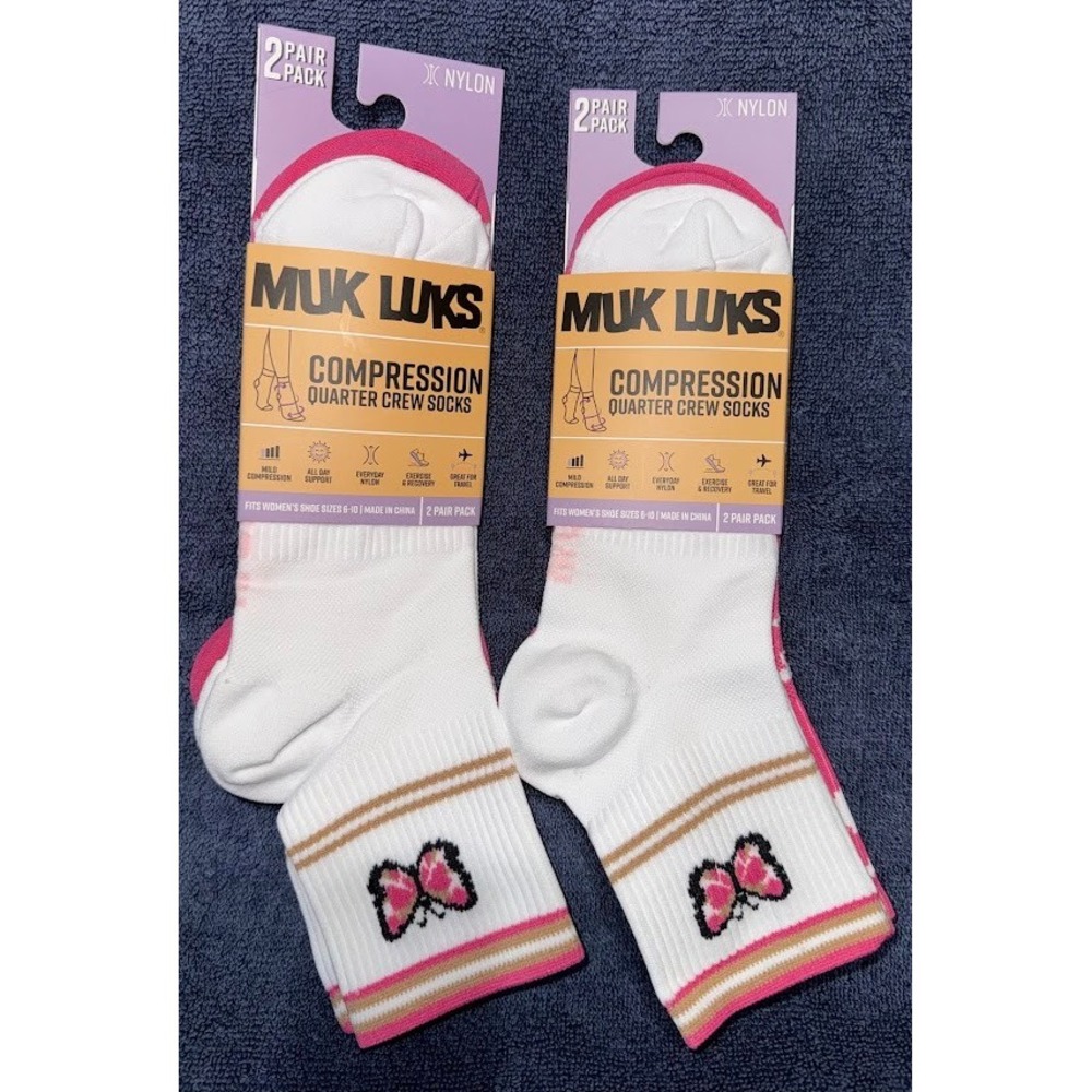 Muk Luks Women Compression Quarter Crew Socks 4 Pair Pack Pink White Butterfly